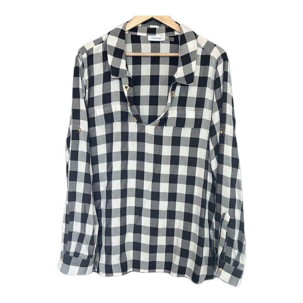 Calvin Klein - Women's Gingham V-Neck Blouse Size XL